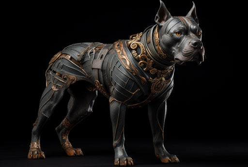 The pit bull terrier, in the style of dark azure and brown, dark silver and light green, whiplash line, thx sound, dark gray and red, bronzino, aquirax uno