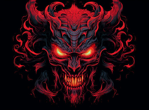 Demon head in PS1 style, retro rock, tattoo, light red
