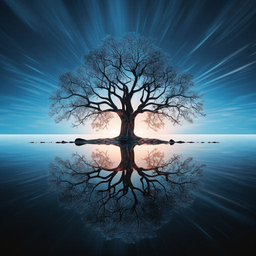 The tree in a water mirror, trapped emotions, luminous sky