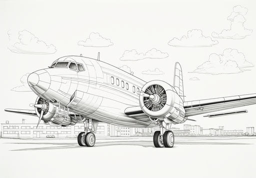 Airplane coloring page in forced perspective with realistic lighting