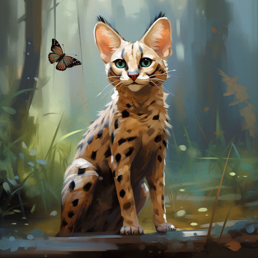 A serval cat staring at an insect