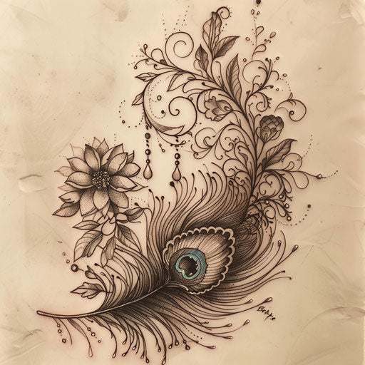 Botanical peacock feather tattoo sketch with intertwining greenery and floral designs