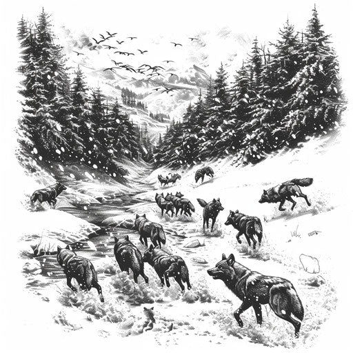 Wolf pack hunting in snow as detailed blackwork tattoo