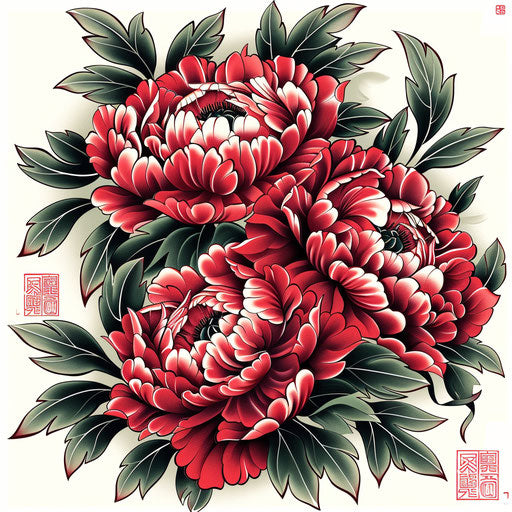 Intricate Japanese peony tattoo in bold red and green hues