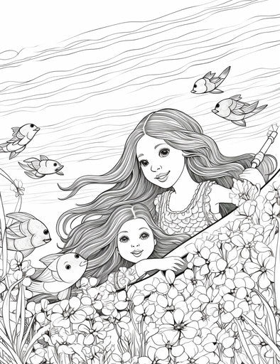 Girls coloring page swimming with duck, oversized objects style