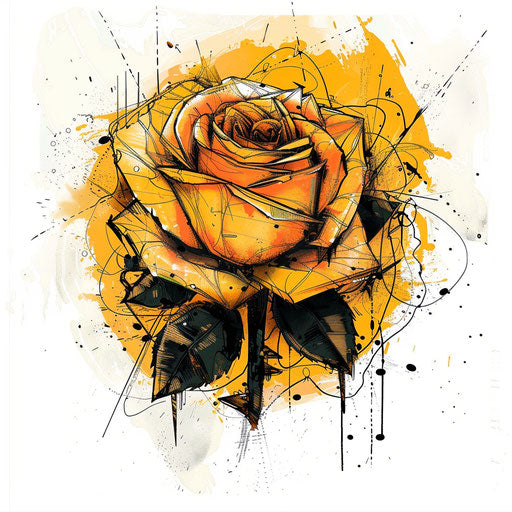 Dynamic flat tattoo sketch of a yellow rose with splattered ink style and energetic lines