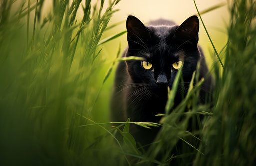 Black cat in a green field of grass, in the style of dark yellow and dark emerald, dark navy and light black, dark purple and light black, gothic undertones 17:11