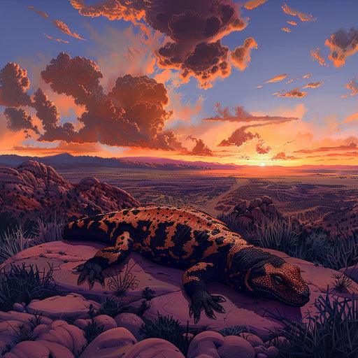 Gila monster in a desert landscape at sunset
