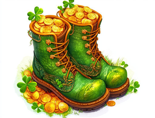 Saint Patrick's Day: pot of gold coins and clover leaves with a green leather boot