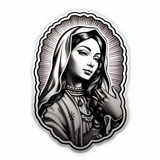 The Guadalupe in black and white ink, feminine sticker art, cartoon realism