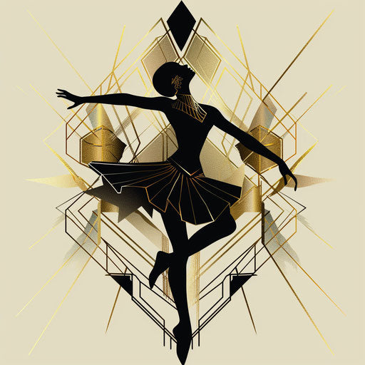 Silhouette dancer with golden and black geometric shapes