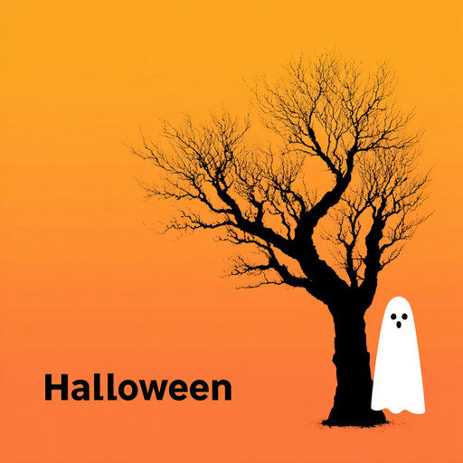 Halloween Silhouette with Tree and Friendly Ghost