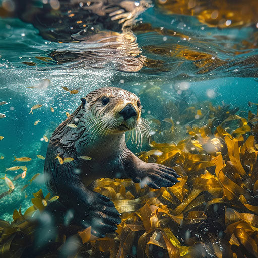 Enchanting underwater view of a sea otter swimming with fish