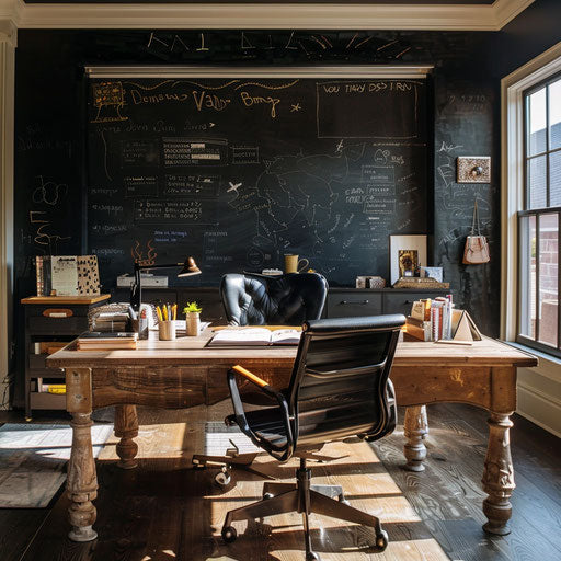 Home office with chalkboard wall for brainstorming sessions