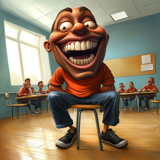 Humorous caricature of classroom background with exaggerated human characteristics