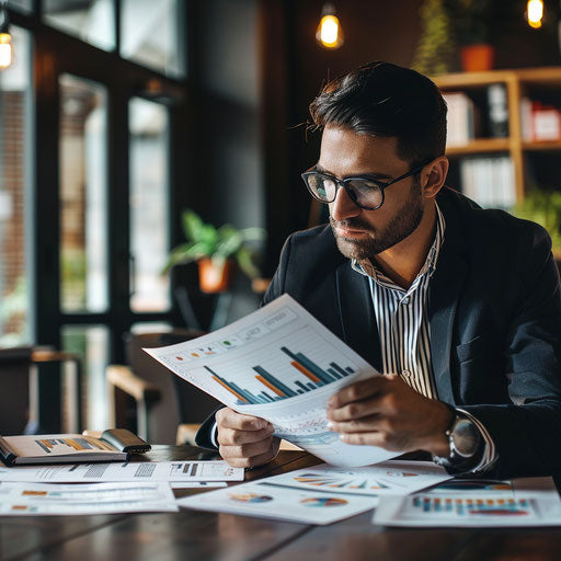Analyzing financial reports with graphs in a modern office