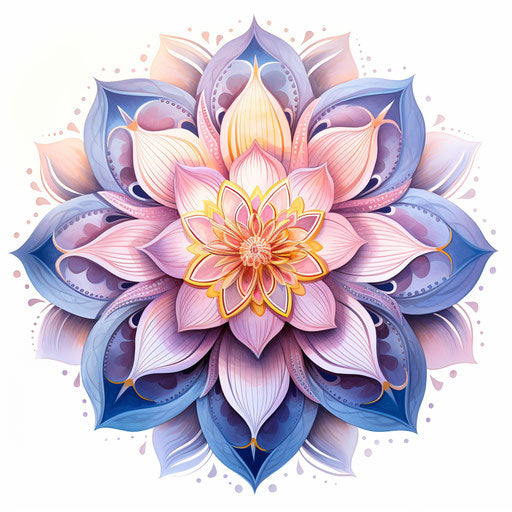 Lotus flower drawing in circle form, light magenta and blue style