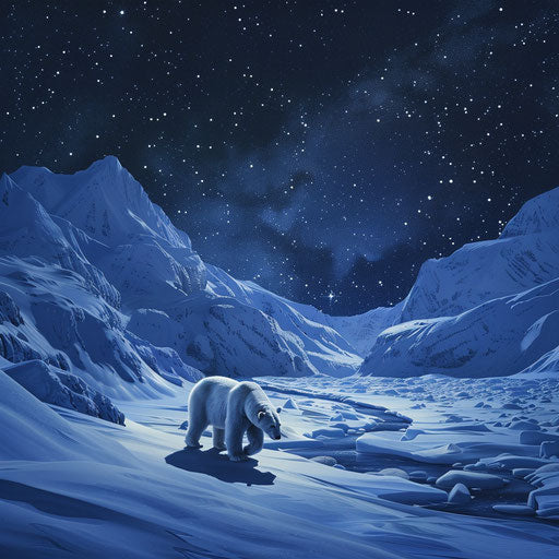 Polar bear walking in a snow-covered valley under a starry sky