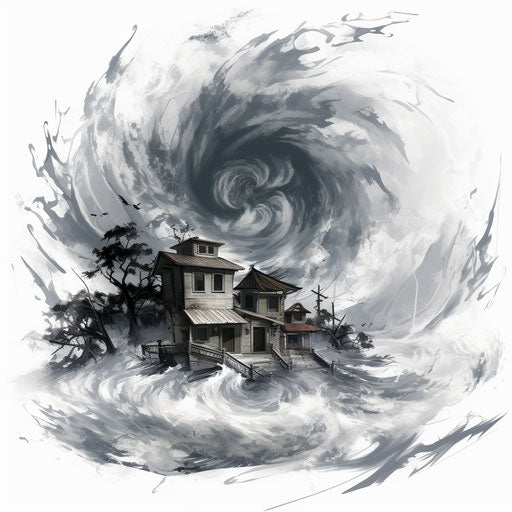 Hurricane in Chiaroscuro Art style, white background