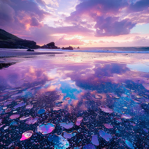 Glass beach at dusk with pink and purple sky