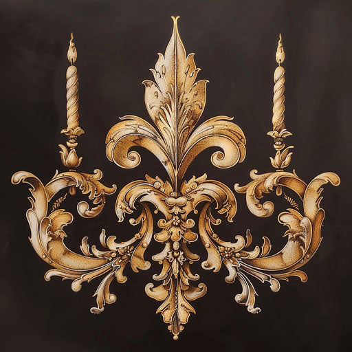 Baroque tattoo sketch of a fleur de lis with intricate gold filigree on black background