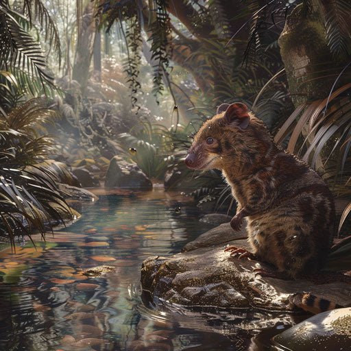 Tiger quoll by a clear forest stream