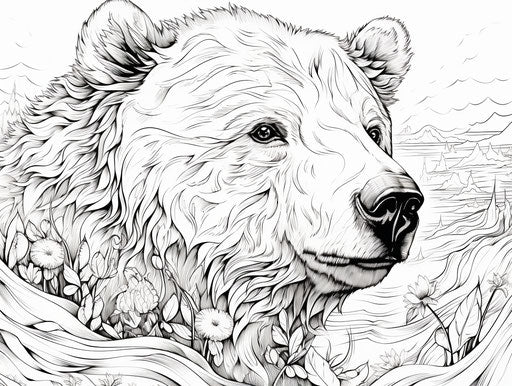 Bear coloring images in black and white, captivating style, child's drawing, white and aquamarine 4:3