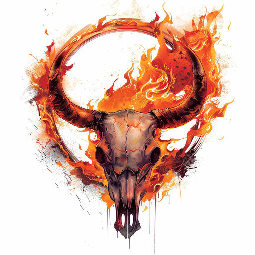 Bull skull surrounded by a ring of vibrant fire on white