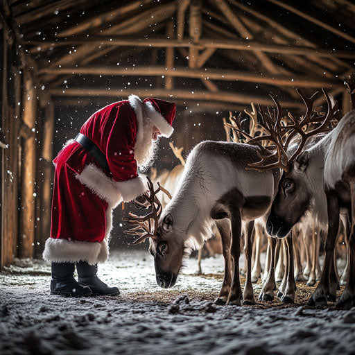 Santa Claus feeding reindeer in snowy barn