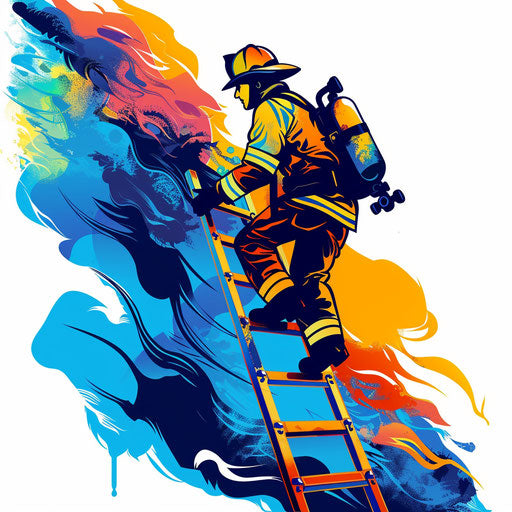Firefighter climbing ladder in dynamic tattoo sketch style