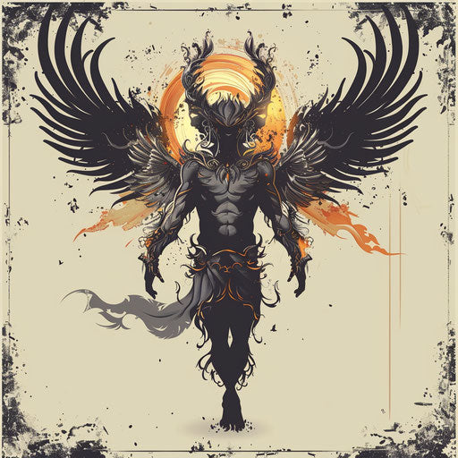 Flat tattoo sketch of Lucifer with angel wings and a halo of fire