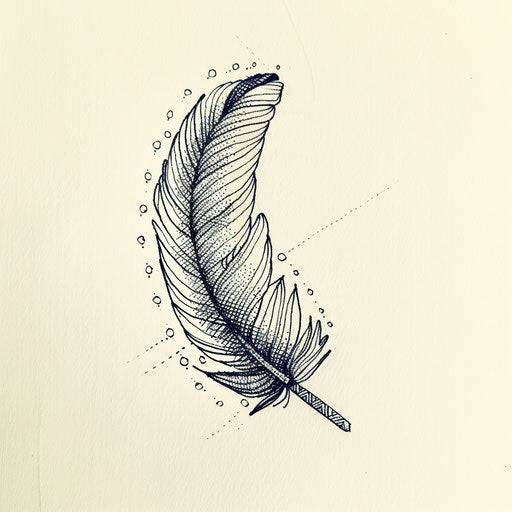 Flat tattoo sketch of a detailed feather with dot pattern