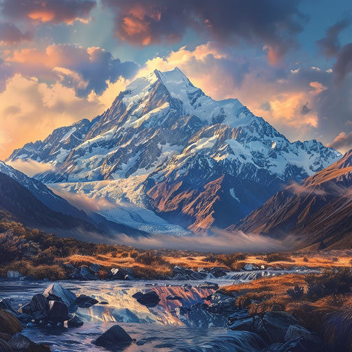 Mount Cook, New Zealand rugged terrain with snowy peaks at dawn