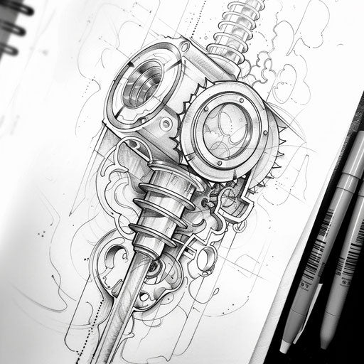 Dynamic sketch of a piston in motion with abstract steam and gear elements