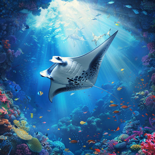 Manta ray gliding through the ocean with vibrant marine life