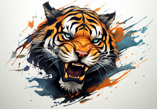 Tiger skull design on white background, flowing orange and black lines