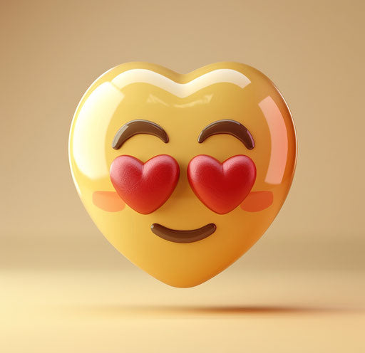 Emoji face with hearts, relatable personality style, caffenol, cottagepunk