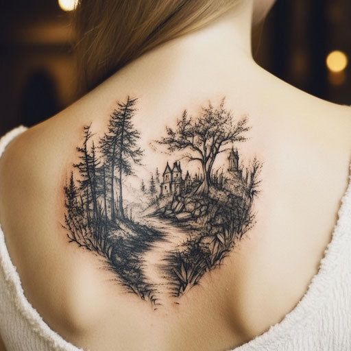Female shoulder tattoos with haunted forest imagery, in the style of Peter Jackson