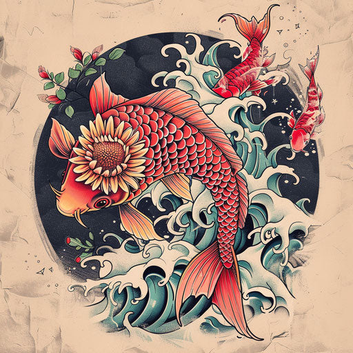 Sketch of traditional Japanese tattoo with aster flower and koi fish