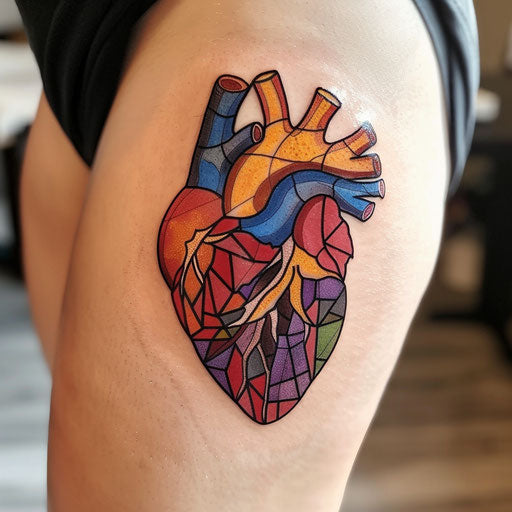 Anatomical heart tattoo in stained glass style, colorful and segmented, on white background