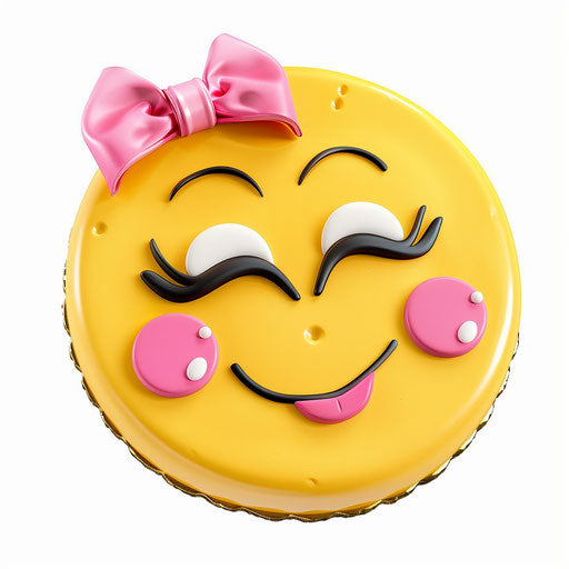 Yellow smiley face cake with pink bow, winking eyes