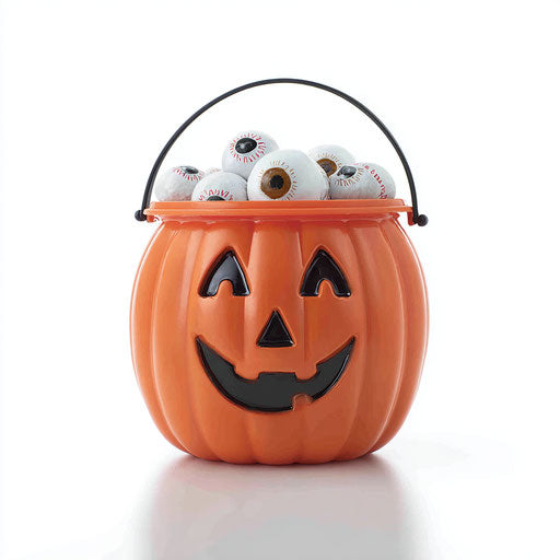Plastic pumpkin bucket with eyeball candies for Halloween