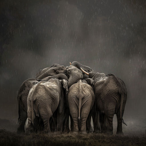 Heartwarming scene of an elephant herd huddled together during a thunderstorm