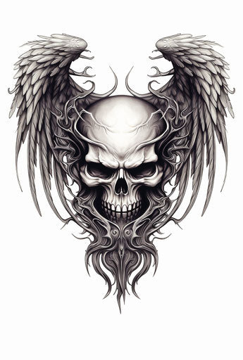 Skull drawing with wings and fish, sgrafitto style