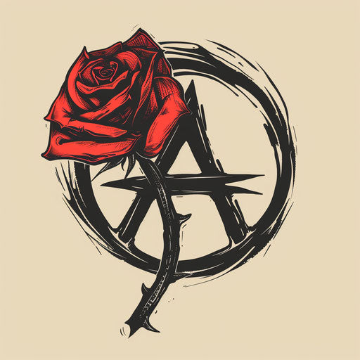 Vivid clipart style tattoo sketch of an anarchy symbol intertwined with a red rose, flat design