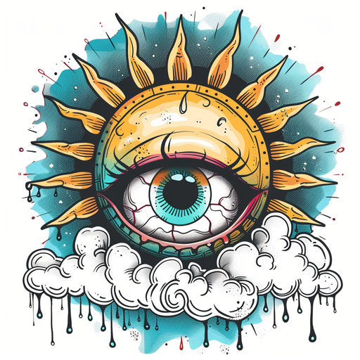 Cheerful tattoo sketch of eyeball with sun and clouds