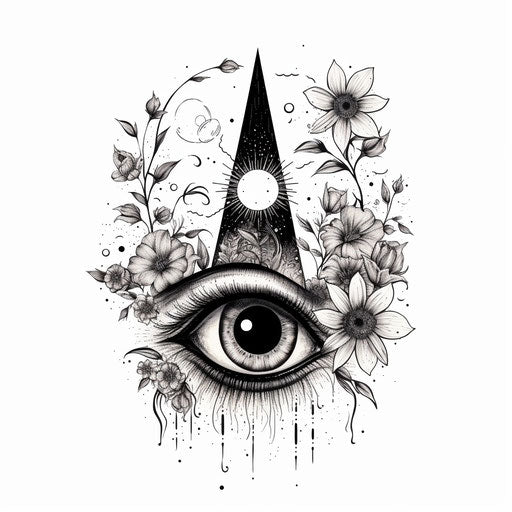 Hand drawn tattoo with an eye, moons and flowers