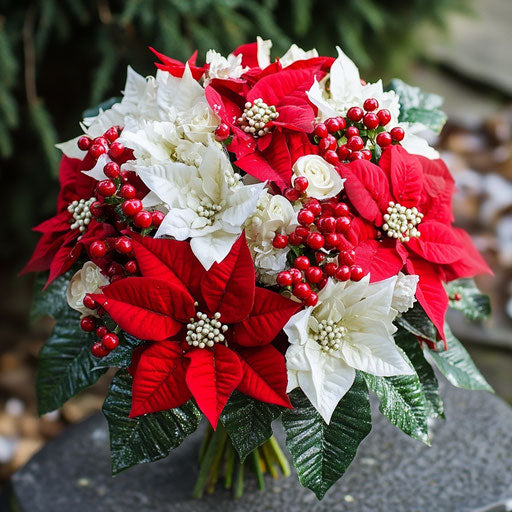 Poinsettia-themed bridal bouquet for Christmas wedding
