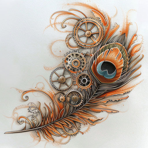 Steampunk peacock feather tattoo sketch with bronze and copper gears
