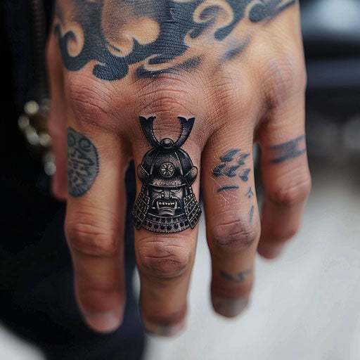 Ring tattoo of a tiny samurai helmet, Adrian Smith style, on finger
